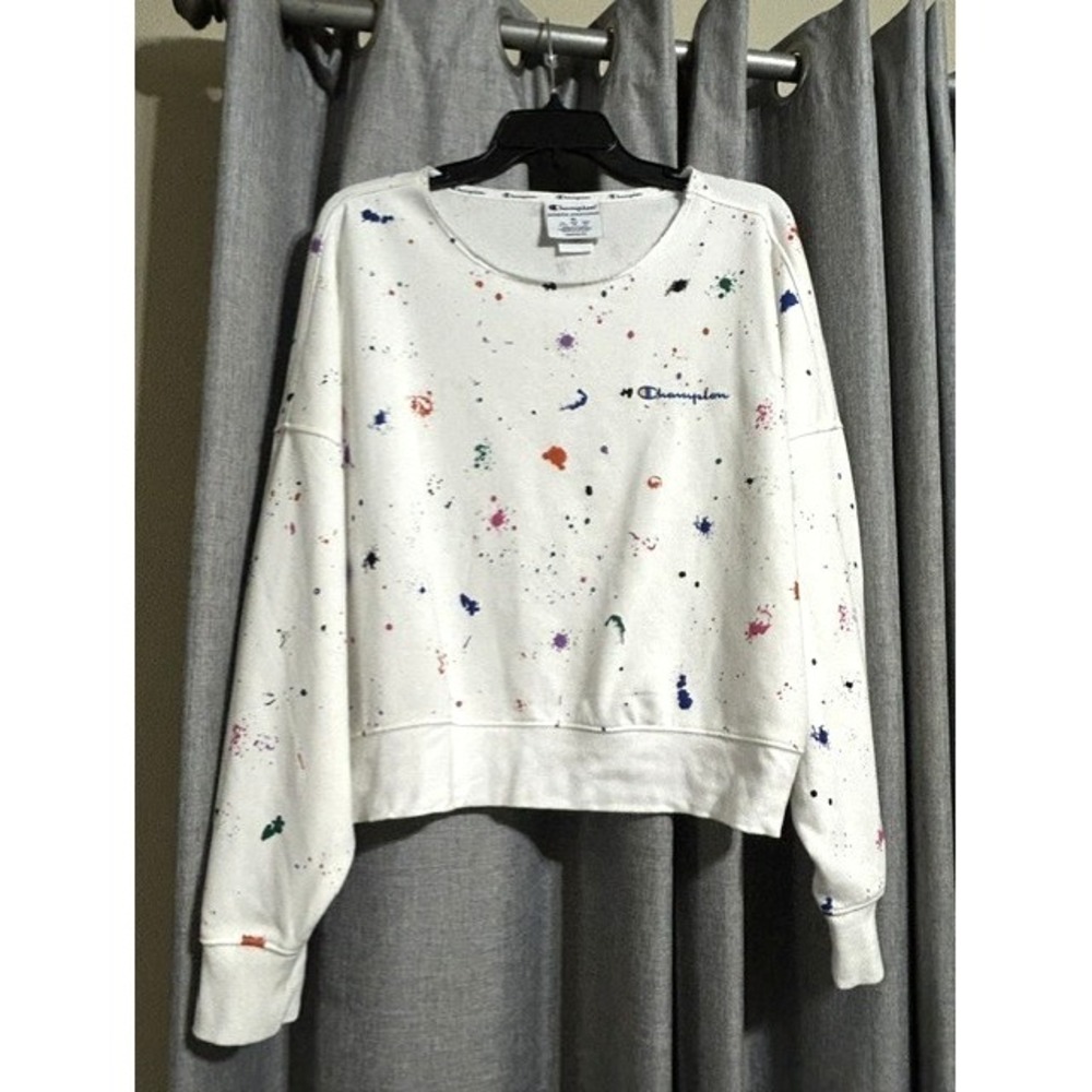 EUC- Champion Crop Top Women XL‎ Multicolor Paint Splatter Streetwear Sweatshirt